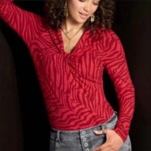 CAbi Red Animal Print Long Sleeve Blouse